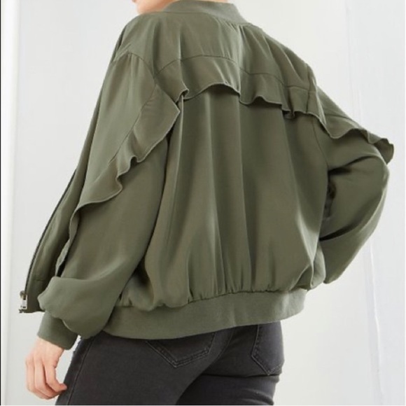 Green zip up ruffle jacket Sz Medium - Picture 1 of 5